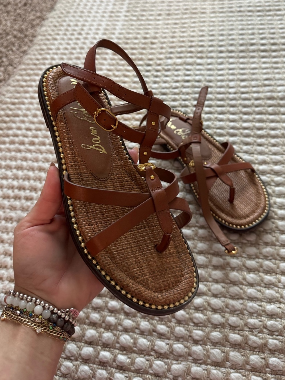 Sam Edelman Brown Leather Strappy Sandals with Gold Bead Trim